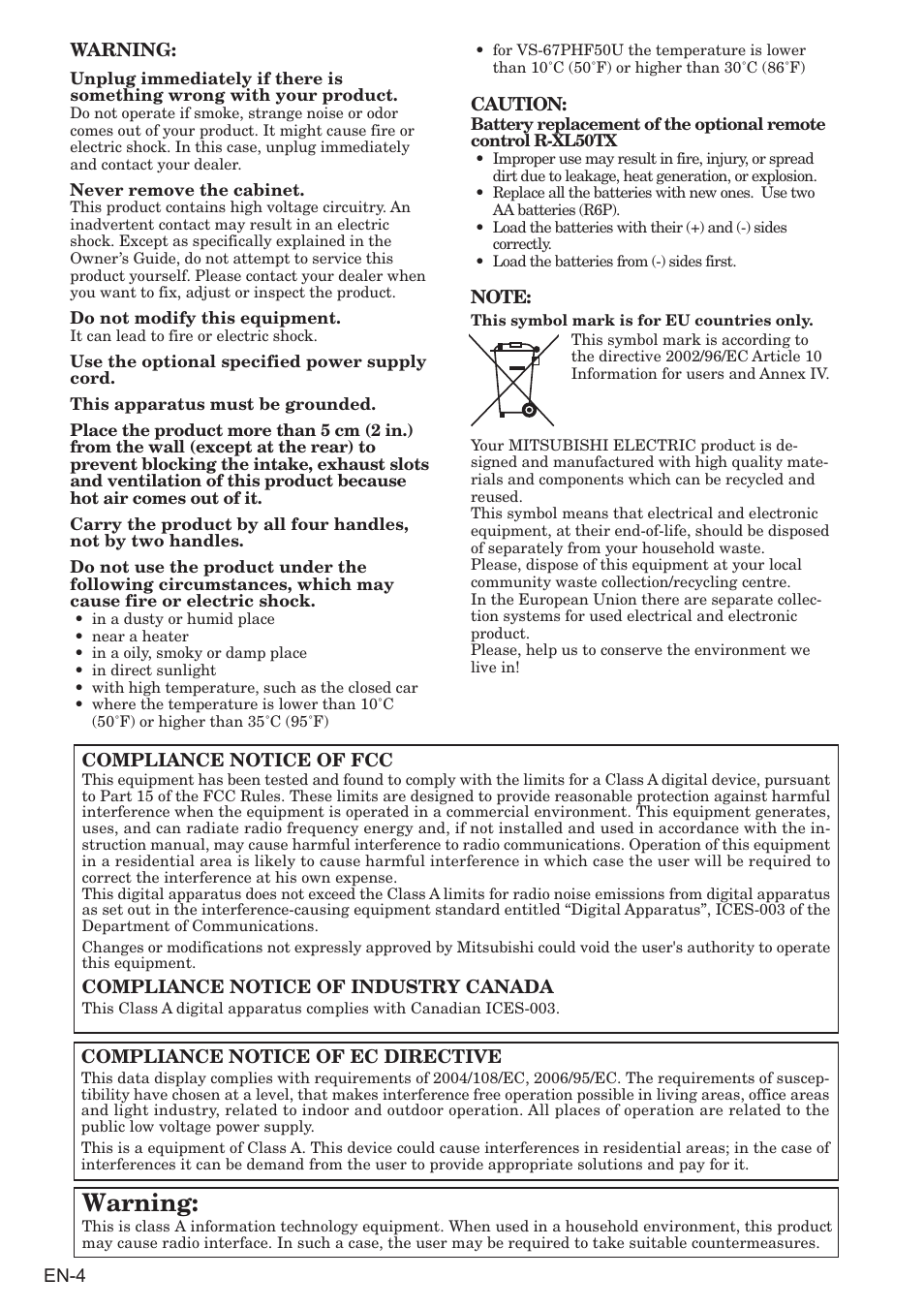 Warning | MITSUBISHI ELECTRIC somesortoftv VS-67PH50U-SN User Manual | Page 4 / 8