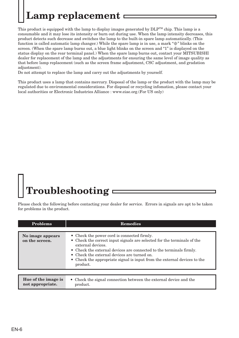 Lamp replacement, Troubleshooting | MITSUBISHI ELECTRIC somesortoftv VS-67PH50U-SN User Manual | Page 6 / 8