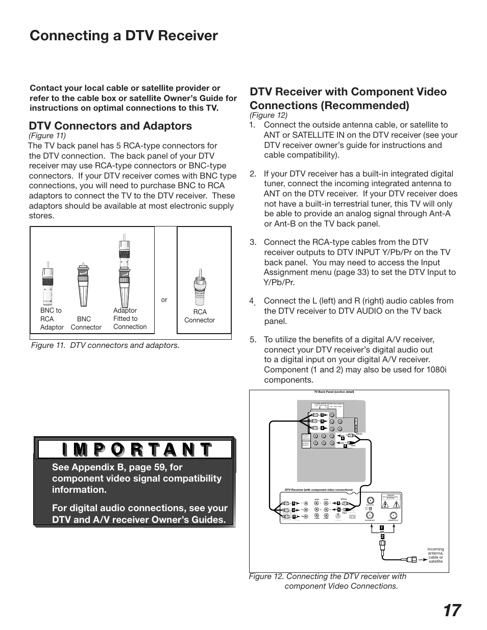 Connecting a dtv receiver, Dtv connectors and adaptors, Figure 11) | Figure 12) | MITSUBISHI ELECTRIC WD-62327 User Manual | Page 17 / 72