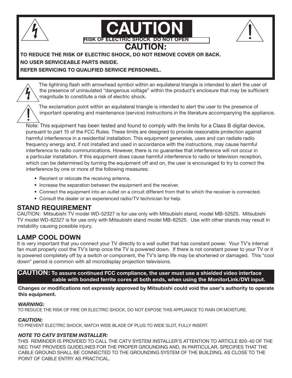 Caution, Stand requirement, Lamp cool down | MITSUBISHI ELECTRIC WD-62327 User Manual | Page 2 / 72