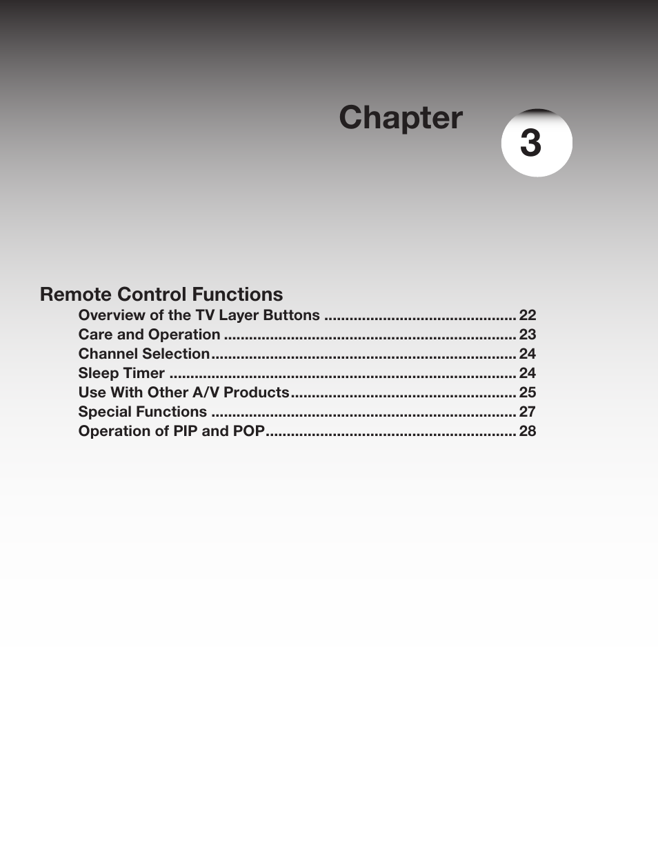 Remote control functions, Overview of the tv layer buttons 24, Care and operation 25 | Channel selection 26, Sleep timer 26, Use with other a/v products 27, Special functions 29, Operation of pip and pop 29, Prevent crt aging 30, Overview of the tv layer buttons | MITSUBISHI ELECTRIC WD-62327 User Manual | Page 21 / 72