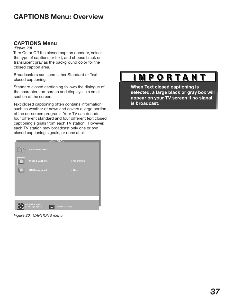 Captions menu: overview, Captions menu | MITSUBISHI ELECTRIC WD-62327 User Manual | Page 37 / 72