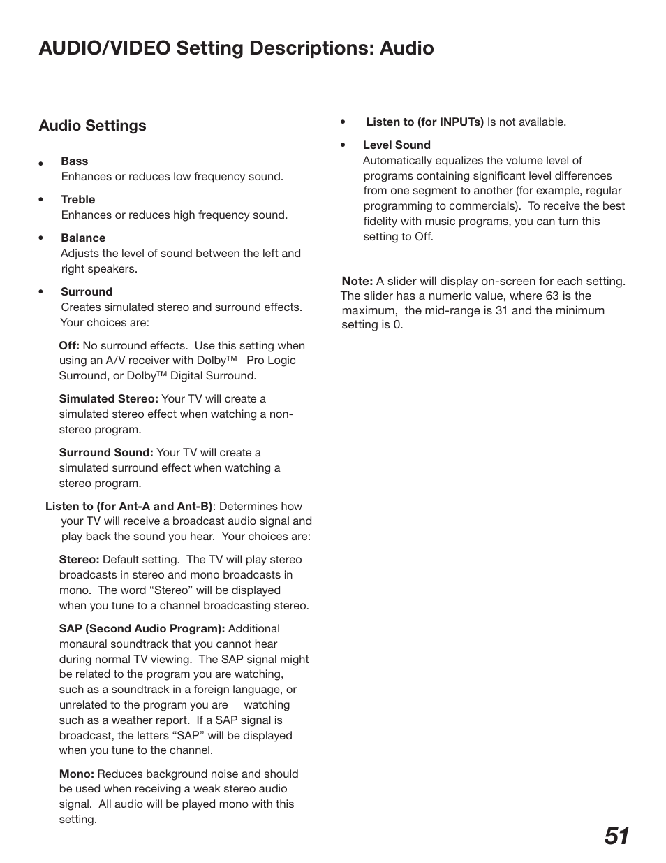 Audio/video setting descriptions: audio, Audio settings | MITSUBISHI ELECTRIC WD-62327 User Manual | Page 51 / 72