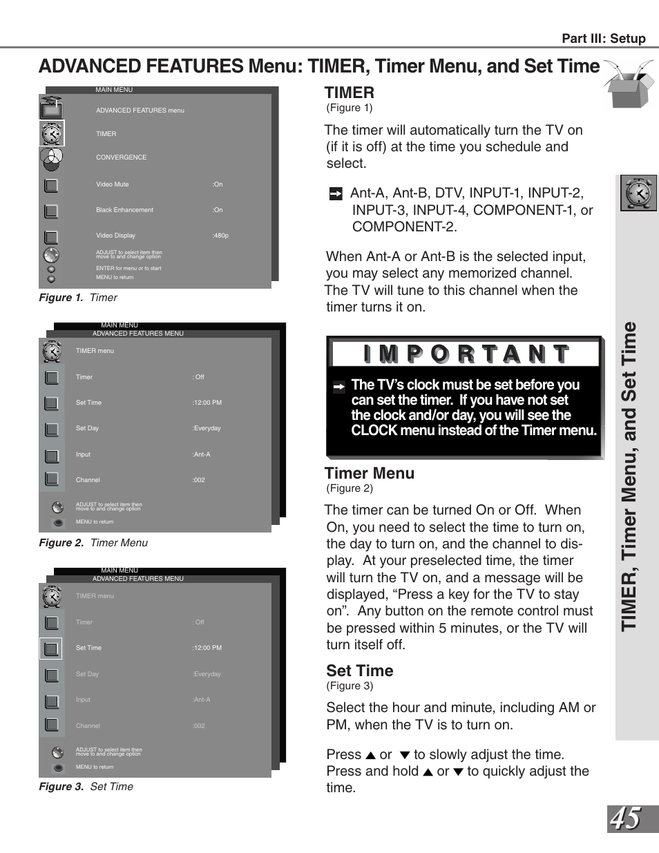 Timer menu, Set time, Timer | MITSUBISHI ELECTRIC WS-55819 User Manual | Page 45 / 72