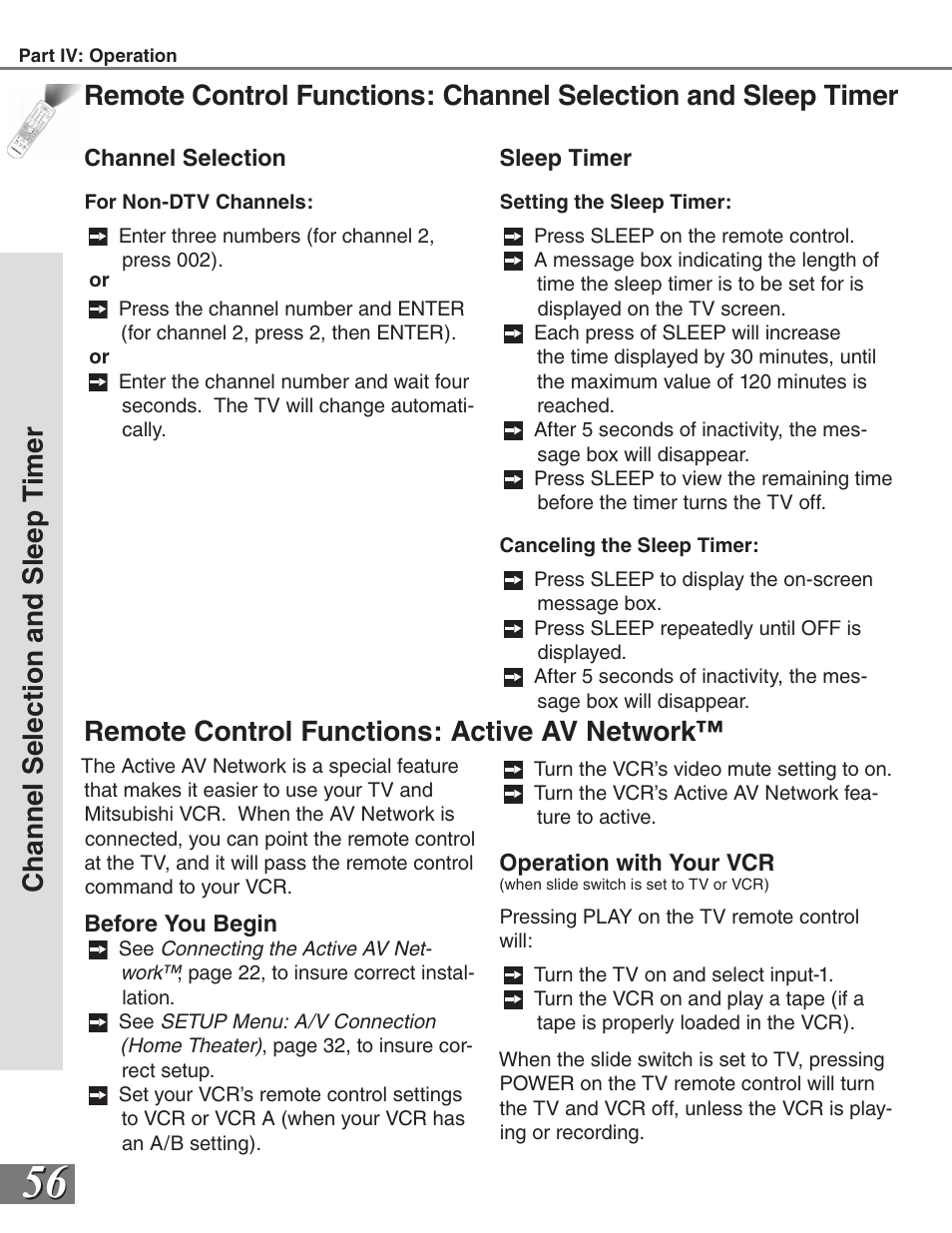 Remote control functions: active av network, Cha nn el s el ec tio n a nd s le ep t im er | MITSUBISHI ELECTRIC WS-55819 User Manual | Page 56 / 72