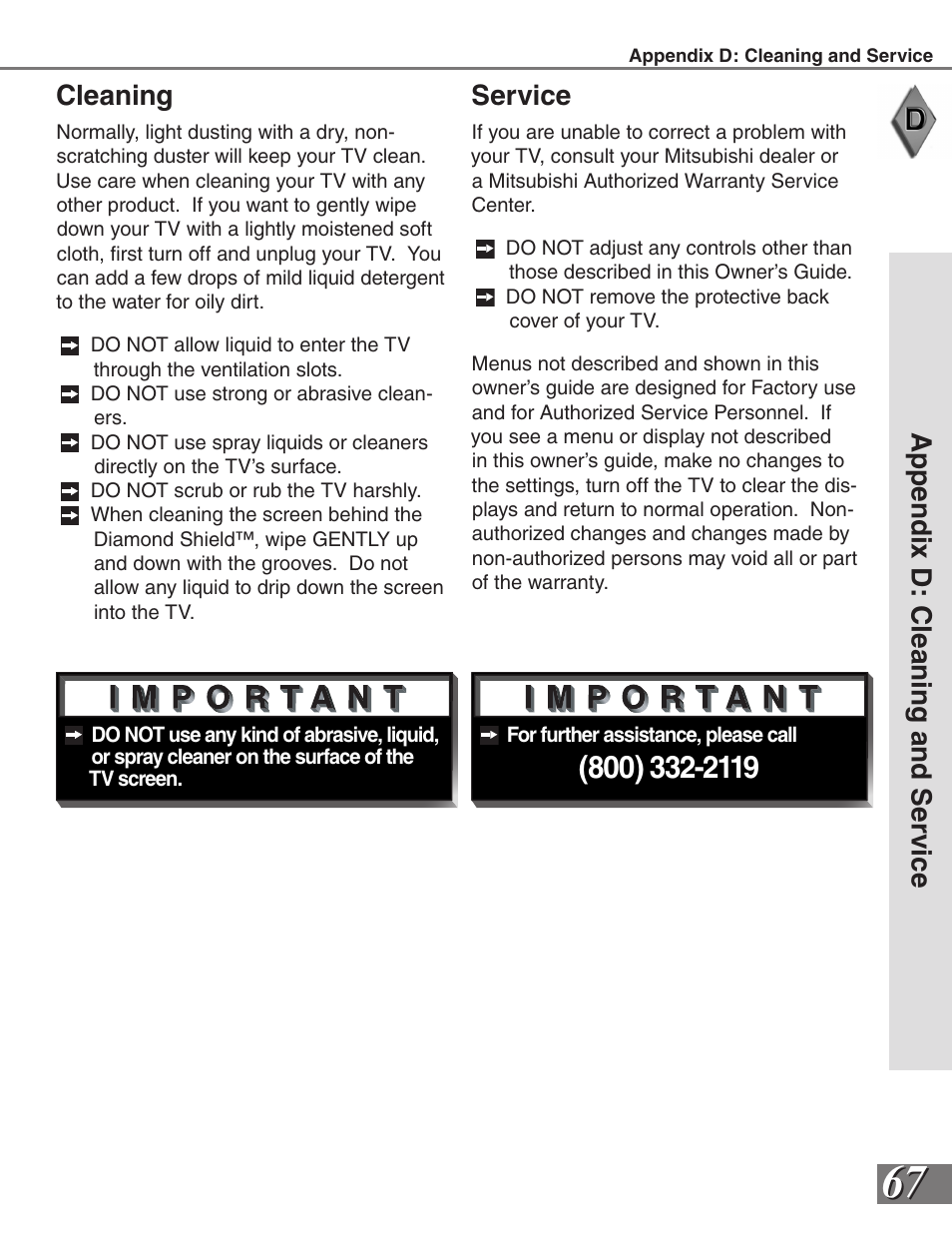 Service | MITSUBISHI ELECTRIC WS-55819 User Manual | Page 67 / 72