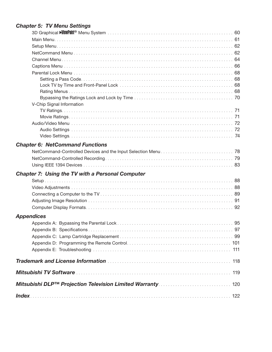 Chapter 5: tv menu settings, Chapter 6: netcommand functions, Chapter 7: using the tv with a personal computer | Appendices, Trademark and license information, Mitsubishi tv software, Index | MITSUBISHI ELECTRIC WD-57732 User Manual | Page 5 / 124