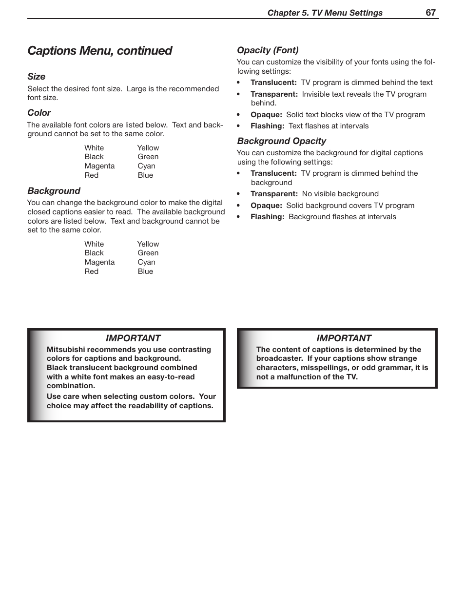 Captions menu, continued | MITSUBISHI ELECTRIC WD-57732 User Manual | Page 67 / 124