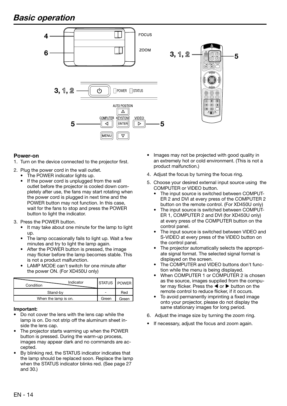 Basic operation, En - 14, Power-on | MITSUBISHI ELECTRIC XD450U User Manual | Page 14 / 34