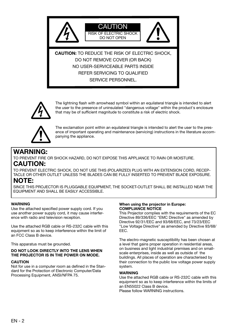 Caution, Warning | MITSUBISHI ELECTRIC XD450U User Manual | Page 2 / 34