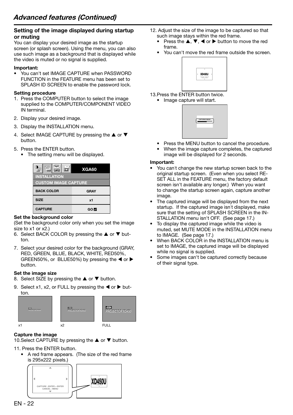 Xd450u, Advanced features (continued), En - 22 | MITSUBISHI ELECTRIC XD450U User Manual | Page 22 / 34