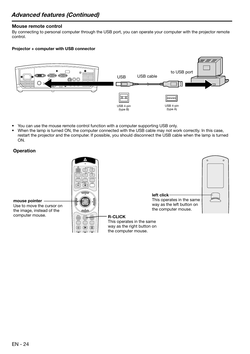 Advanced features (continued), En - 24, Mouse remote control | Operation | MITSUBISHI ELECTRIC XD450U User Manual | Page 24 / 34