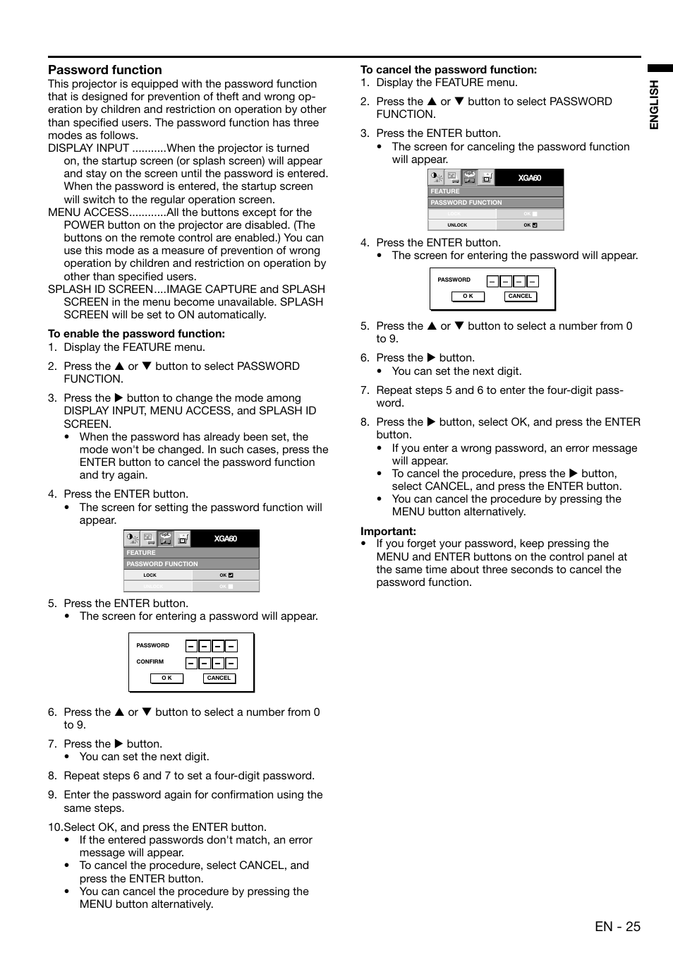 En - 25, Password function | MITSUBISHI ELECTRIC XD450U User Manual | Page 25 / 34