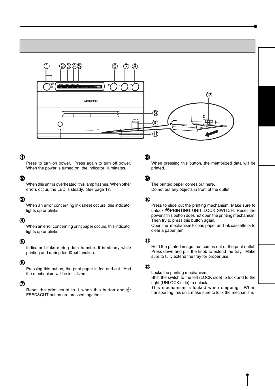 Features & functions, Front panel | MITSUBISHI ELECTRIC CP900DW User Manual | Page 10 / 25