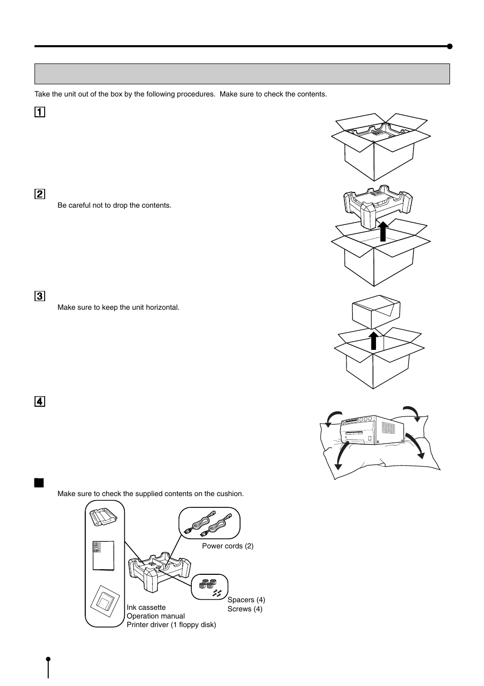 Unpacking, 6unpacking, 1open the top of the box | 2remove the cushion with contents, 2contents | MITSUBISHI ELECTRIC CP900DW User Manual | Page 9 / 25