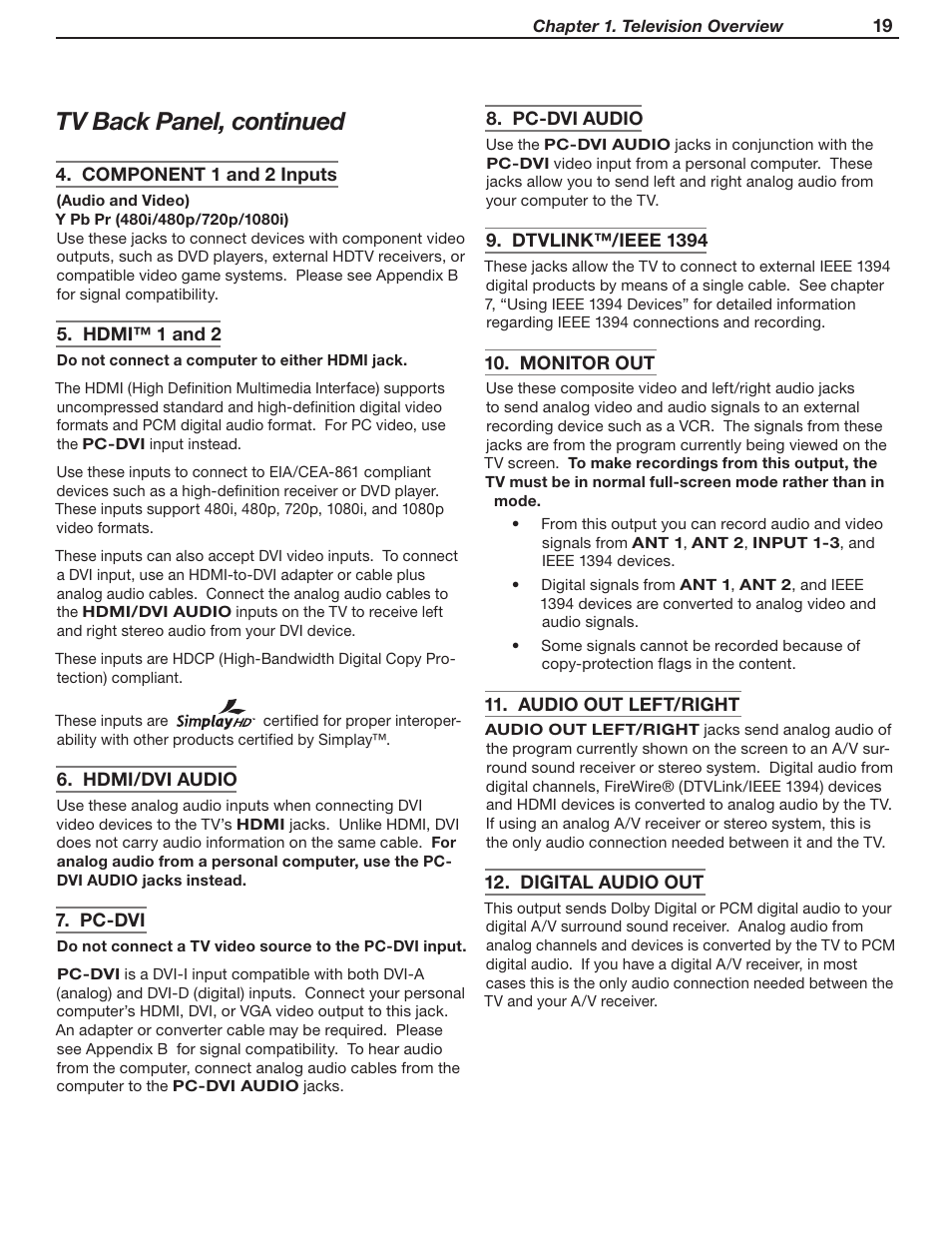 Tv back panel, continued | MITSUBISHI ELECTRIC WD-52631 User Manual | Page 19 / 108