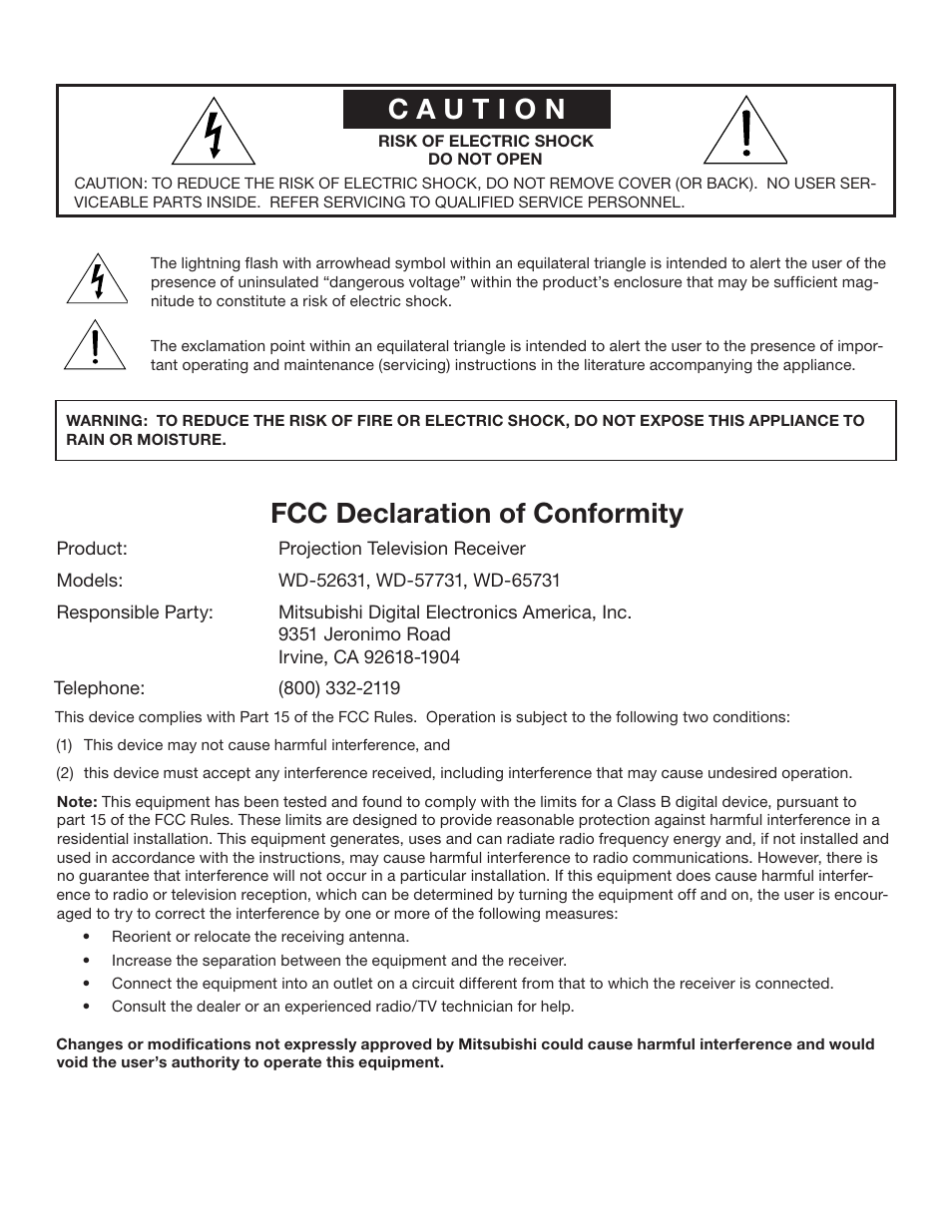 Caution, Fcc declaration of conformity | MITSUBISHI ELECTRIC WD-52631 User Manual | Page 2 / 108