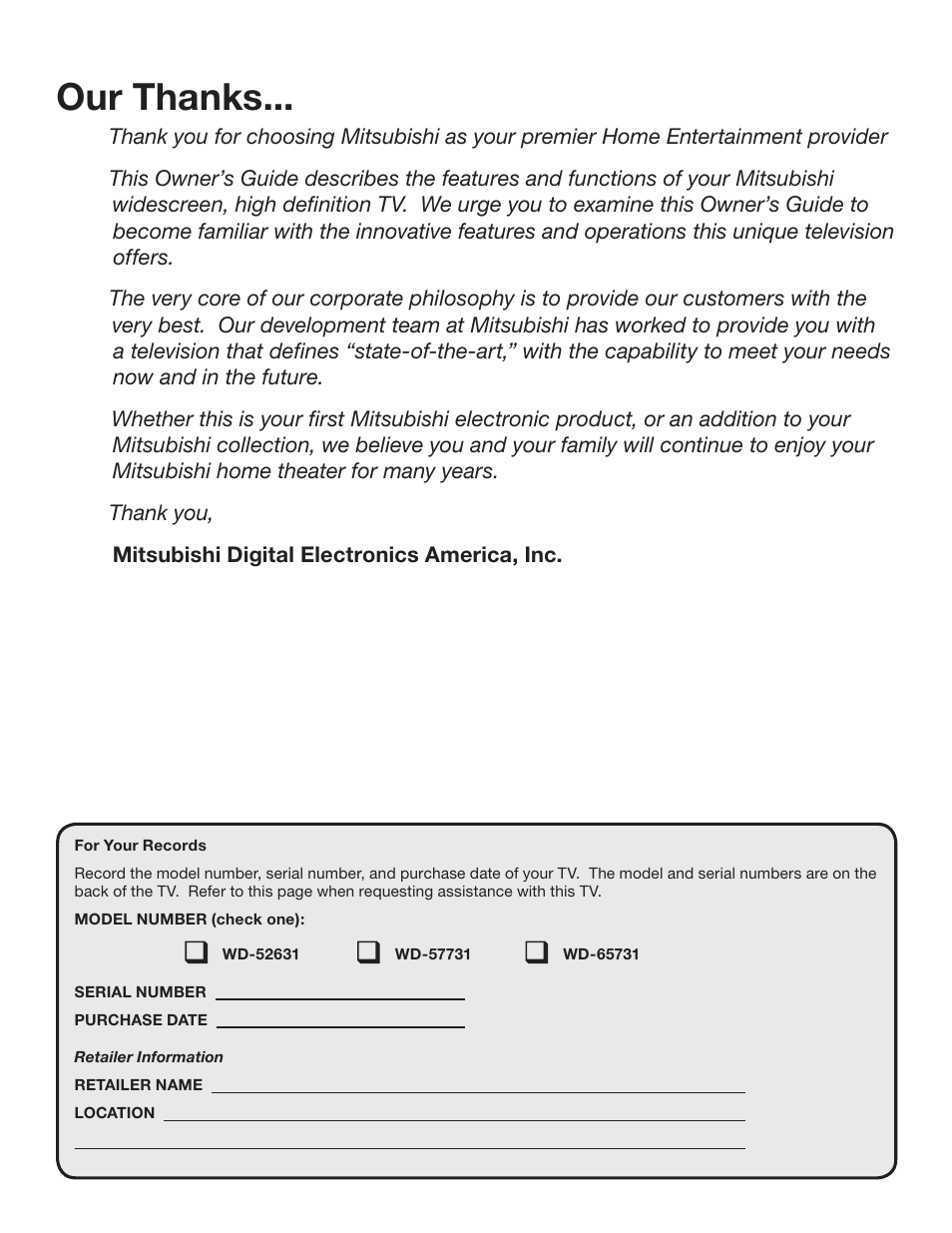 MITSUBISHI ELECTRIC WD-52631 User Manual | Page 3 / 108