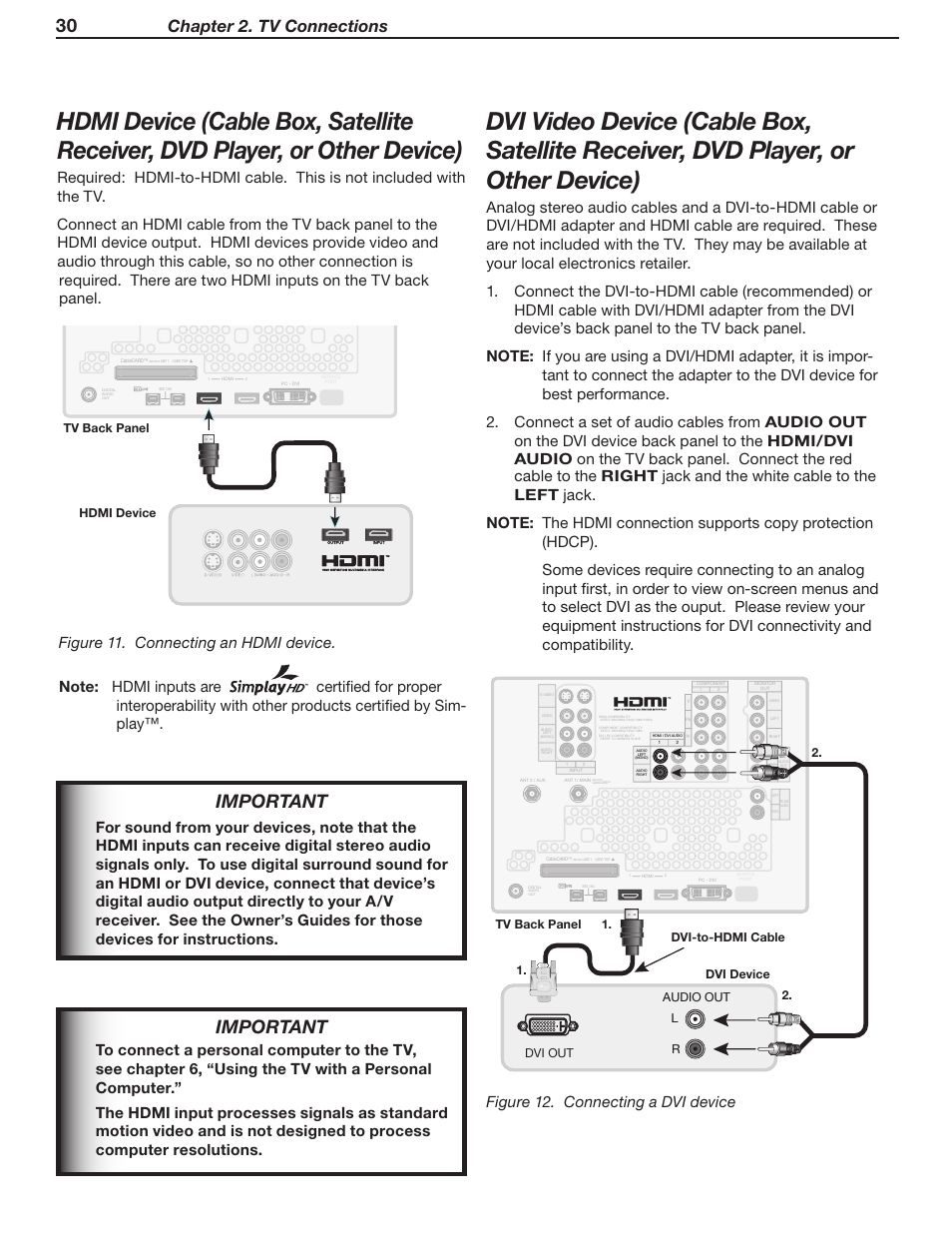 Important, Chapter 2. tv connections, Figure 12. connecting a dvi device | MITSUBISHI ELECTRIC WD-52631 User Manual | Page 30 / 108