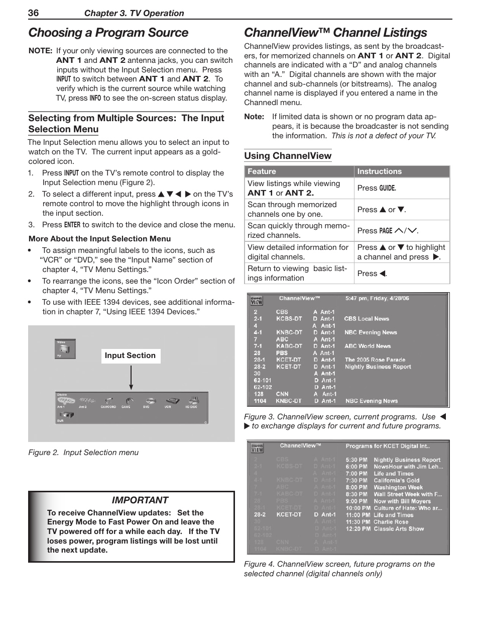 Choosing a program source, Channelview™ channel listings | MITSUBISHI ELECTRIC WD-52631 User Manual | Page 36 / 108