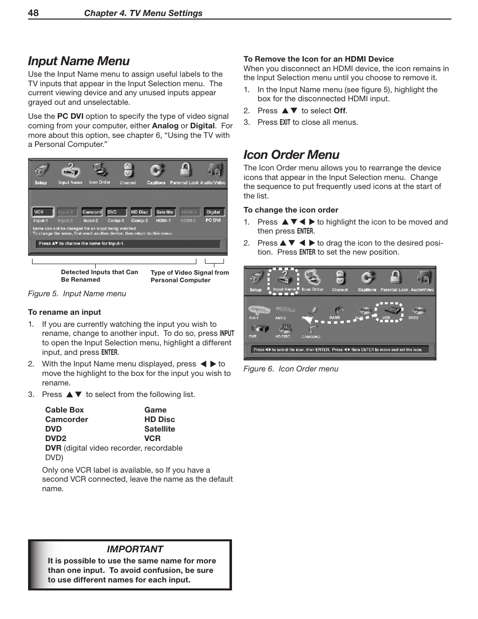 Input name menu, Icon order menu | MITSUBISHI ELECTRIC WD-52631 User Manual | Page 48 / 108