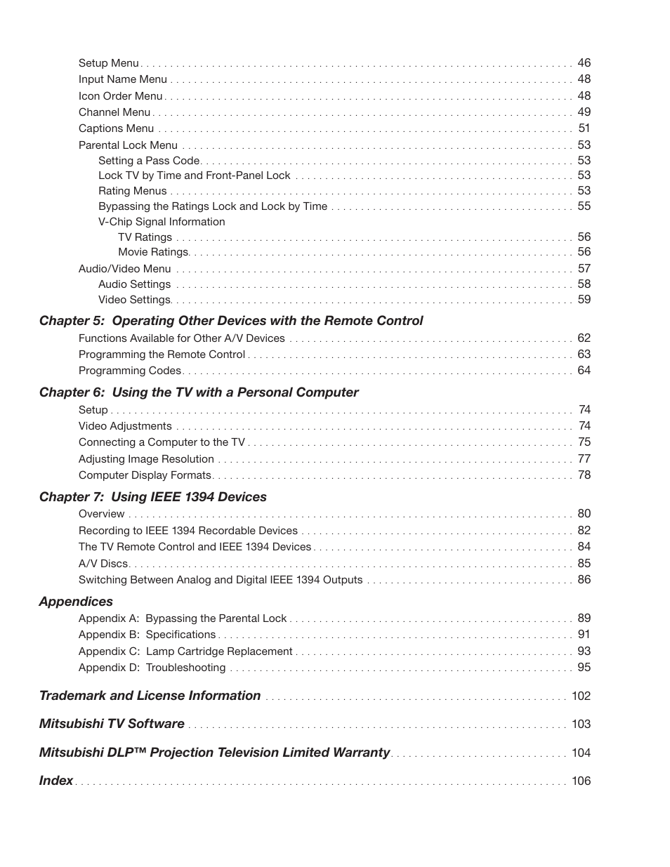 Chapter 6: using the tv with a personal computer, Appendices, Trademark and license information | Mitsubishi tv software, Index | MITSUBISHI ELECTRIC WD-52631 User Manual | Page 5 / 108