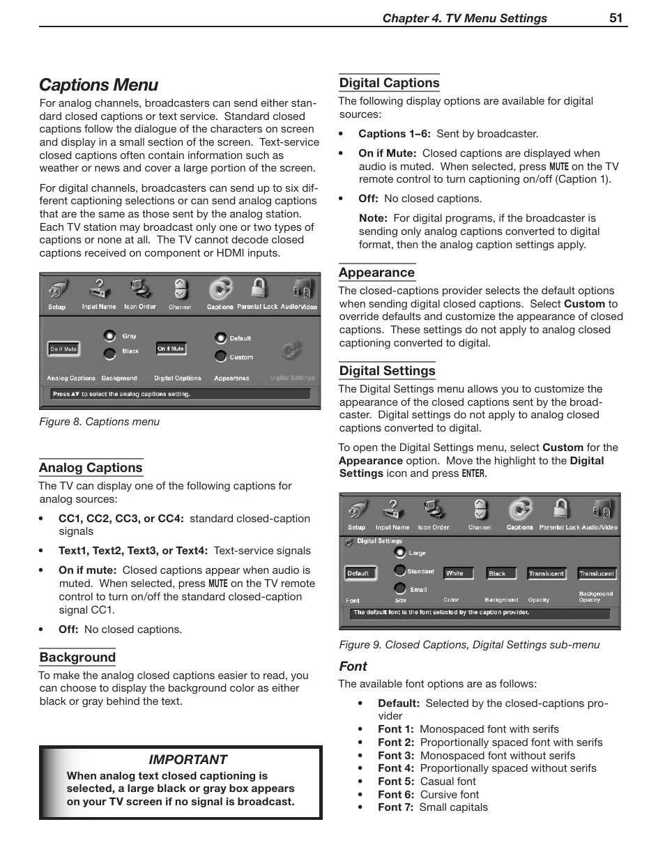 Captions menu | MITSUBISHI ELECTRIC WD-52631 User Manual | Page 51 / 108