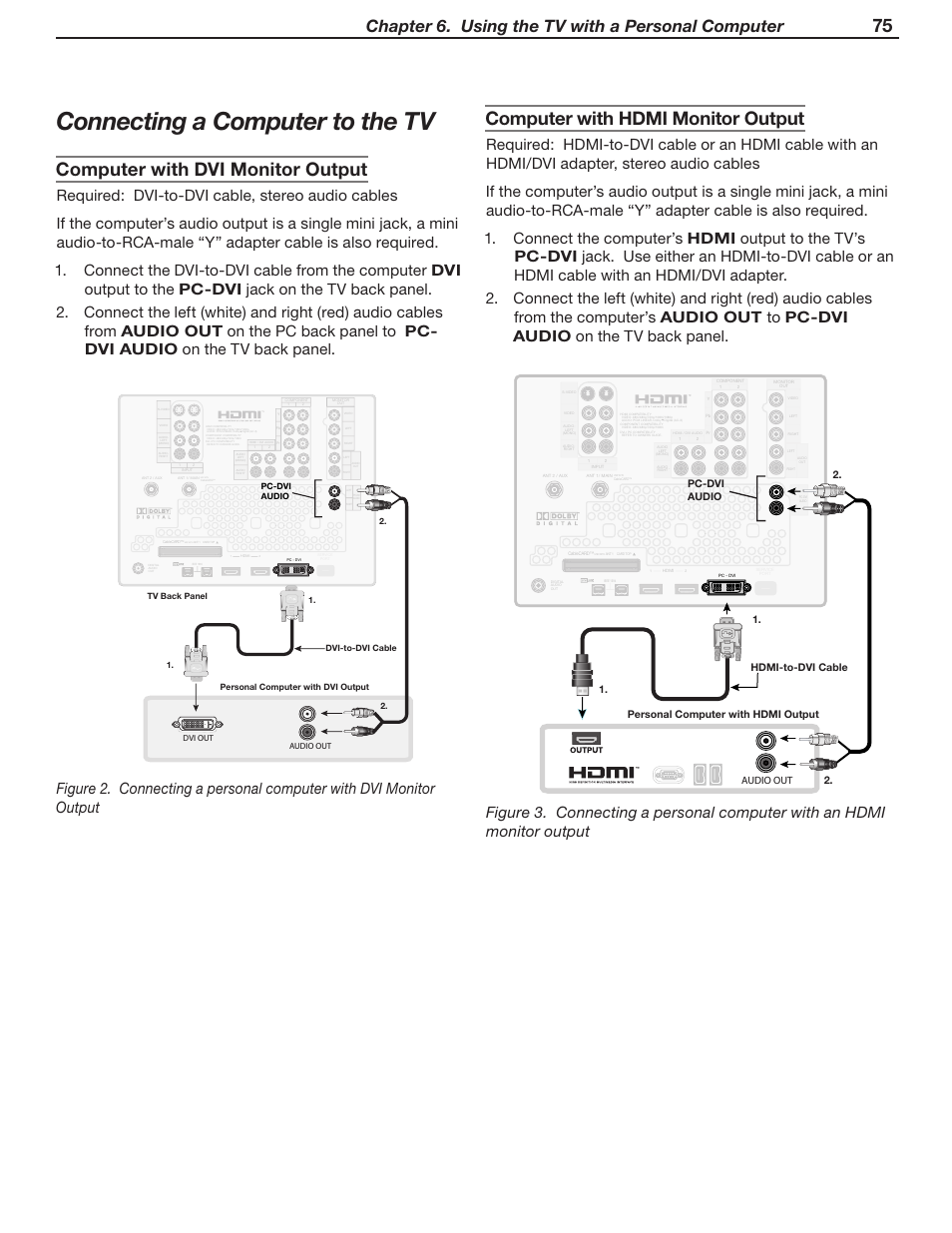 Connecting a computer to the tv, 75 computer with hdmi monitor output, Computer with dvi monitor output | Chapter 6. using the tv with a personal computer | MITSUBISHI ELECTRIC WD-52631 User Manual | Page 75 / 108