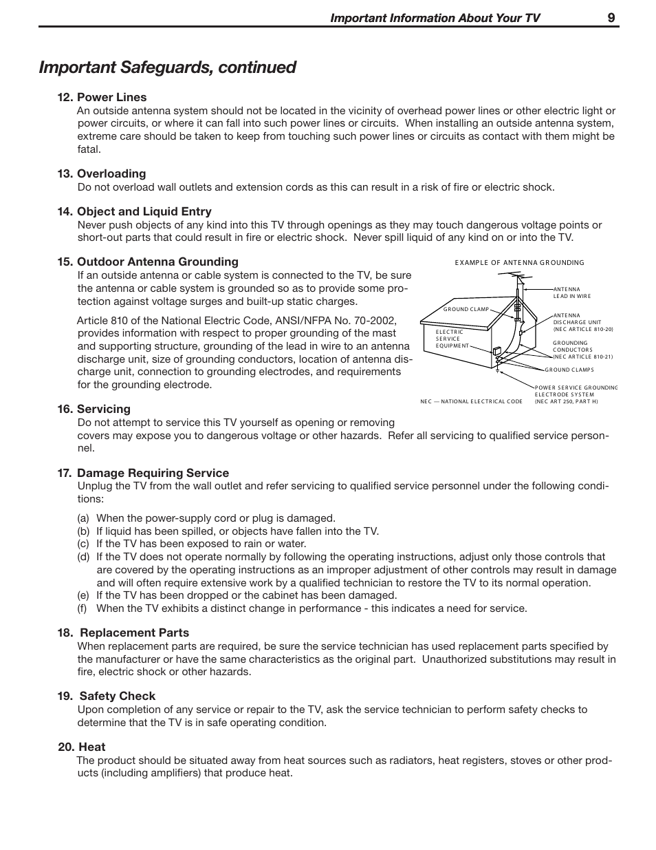 Important safeguards, continued | MITSUBISHI ELECTRIC WD-52631 User Manual | Page 9 / 108