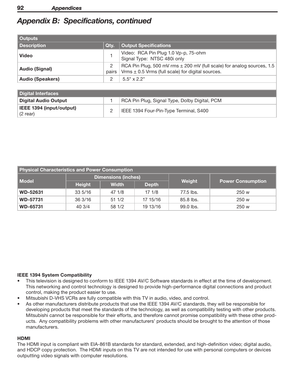 Appendix b: specifications, continued | MITSUBISHI ELECTRIC WD-52631 User Manual | Page 92 / 108