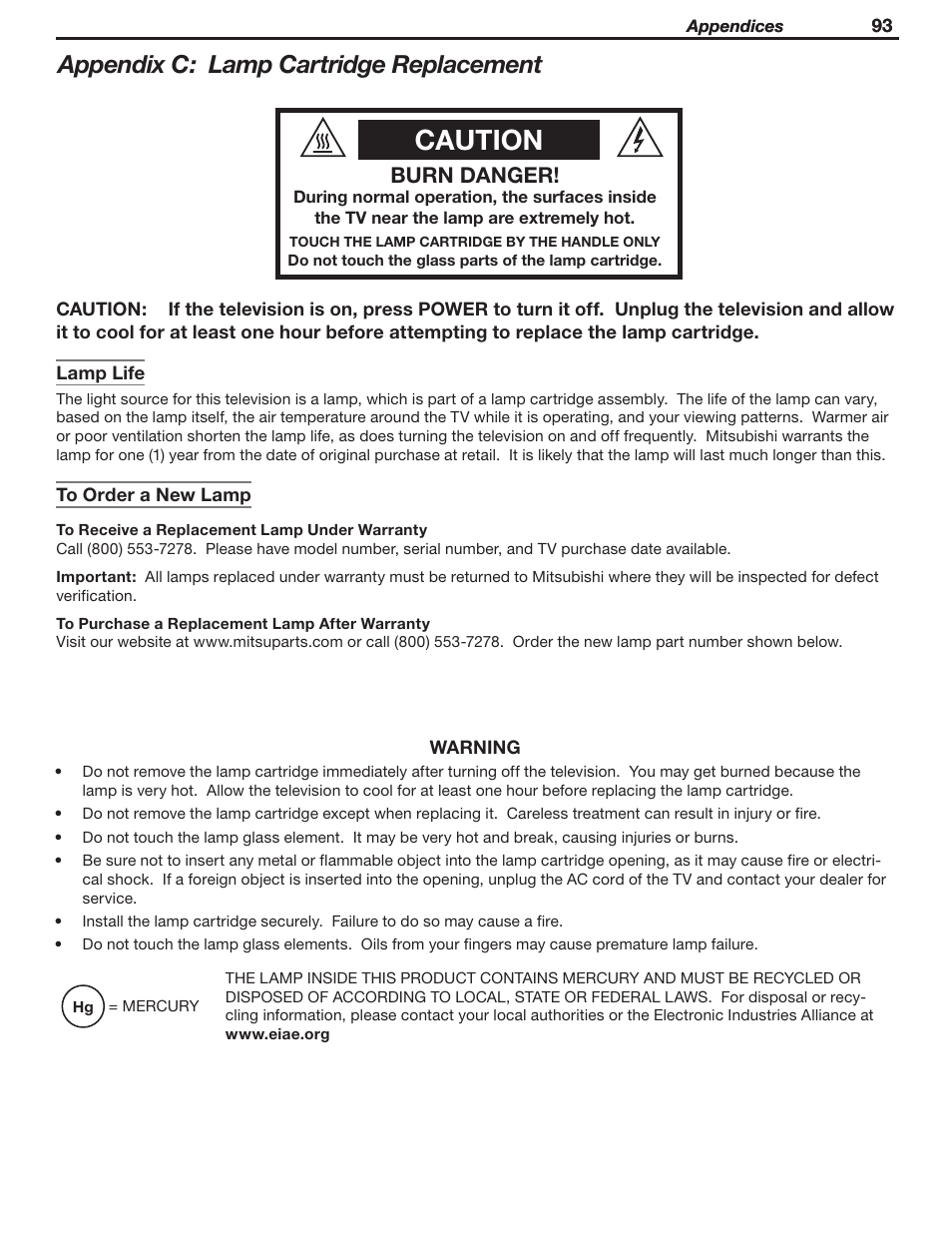 Caution, Appendix c: lamp cartridge replacement, Burn danger | MITSUBISHI ELECTRIC WD-52631 User Manual | Page 93 / 108