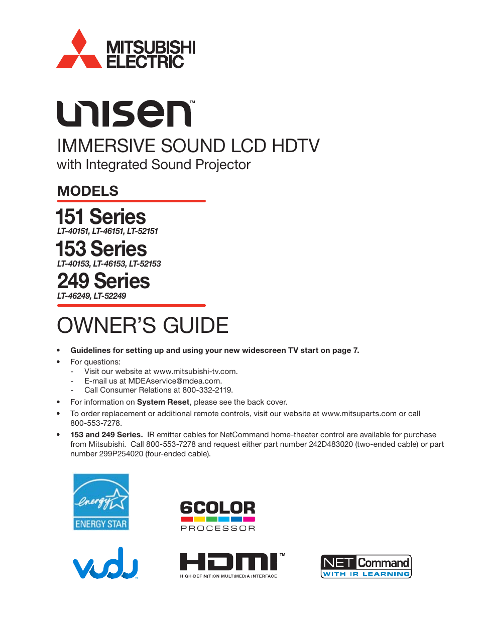 MITSUBISHI ELECTRIC MITSUBISHI ELECTRIC IMMERSIVE SOUND LCD HDTV SeriesLT-40151 User Manual | 96 pages