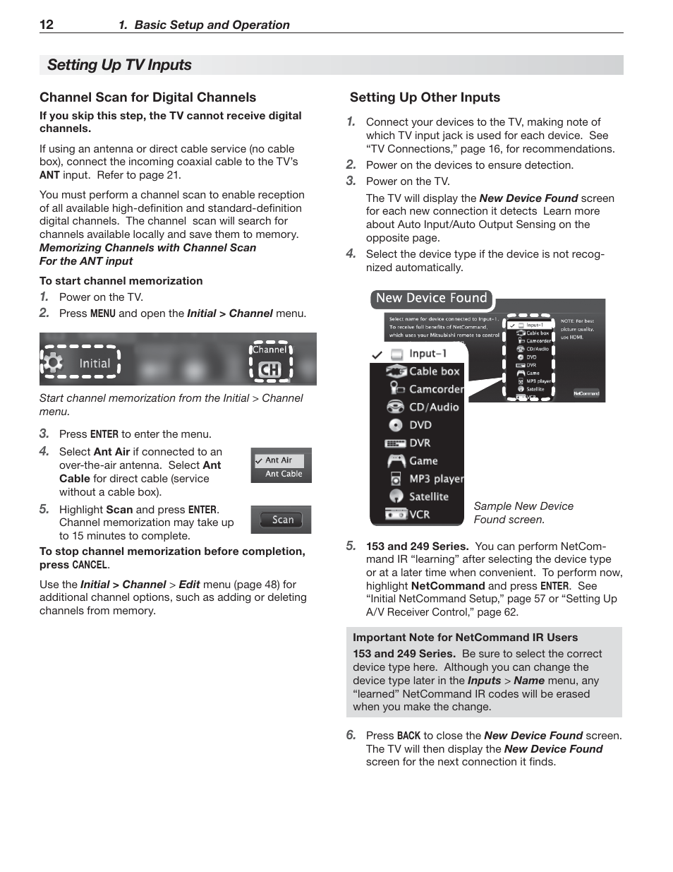 Setting up tv inputs | MITSUBISHI ELECTRIC MITSUBISHI ELECTRIC IMMERSIVE SOUND LCD HDTV SeriesLT-40151 User Manual | Page 12 / 96