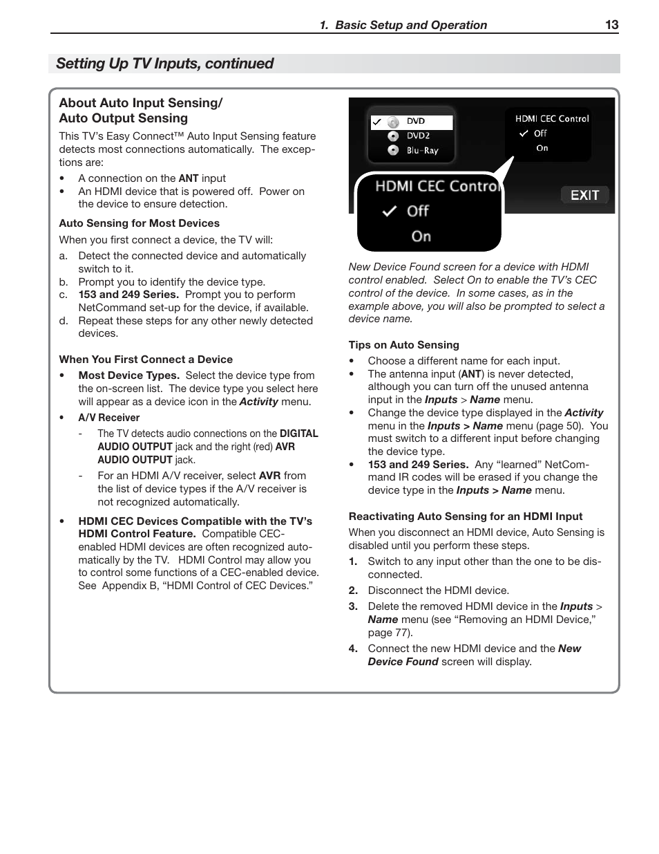 Setting up tv inputs, continued | MITSUBISHI ELECTRIC MITSUBISHI ELECTRIC IMMERSIVE SOUND LCD HDTV SeriesLT-40151 User Manual | Page 13 / 96