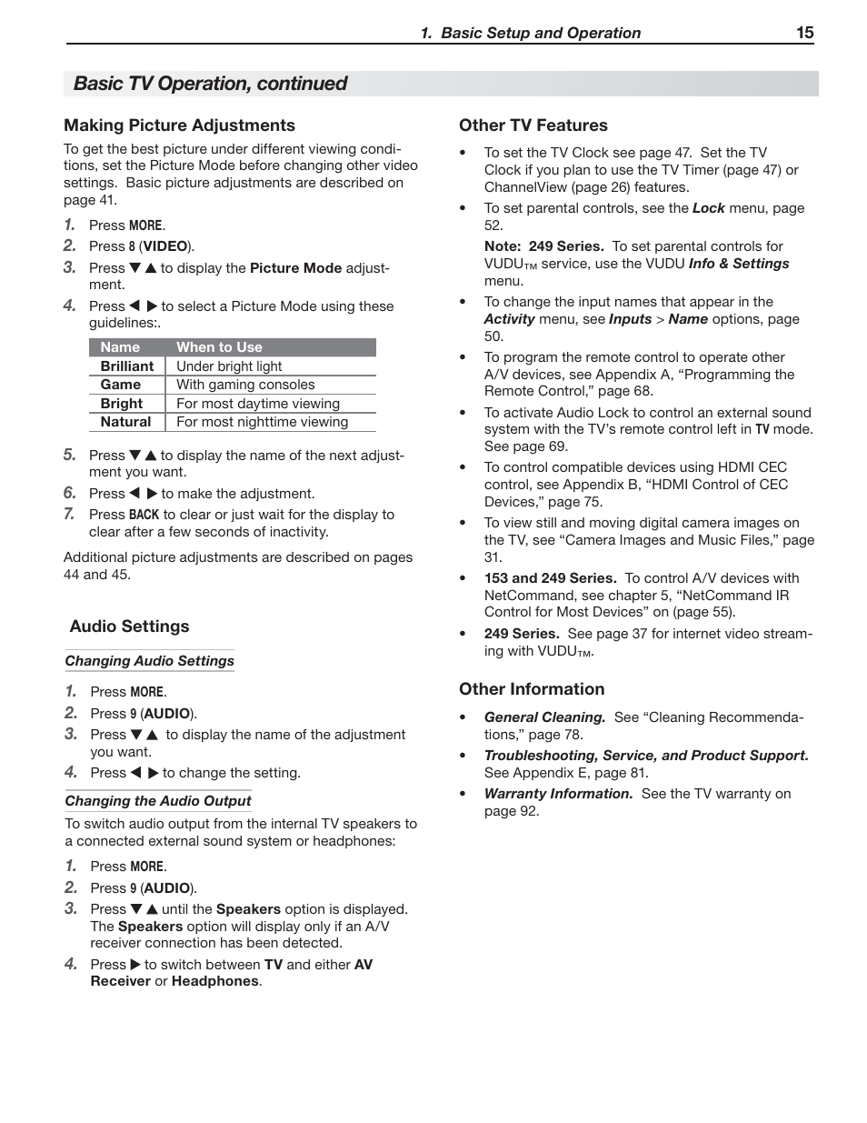 Basic tv operation, continued | MITSUBISHI ELECTRIC MITSUBISHI ELECTRIC IMMERSIVE SOUND LCD HDTV SeriesLT-40151 User Manual | Page 15 / 96