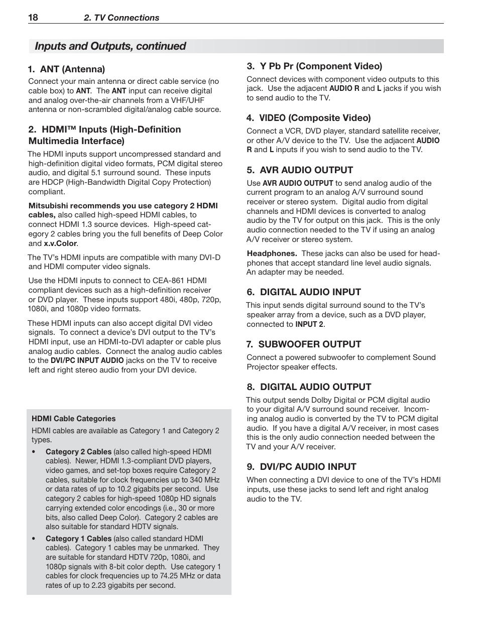 Inputs and outputs, continued | MITSUBISHI ELECTRIC MITSUBISHI ELECTRIC IMMERSIVE SOUND LCD HDTV SeriesLT-40151 User Manual | Page 18 / 96