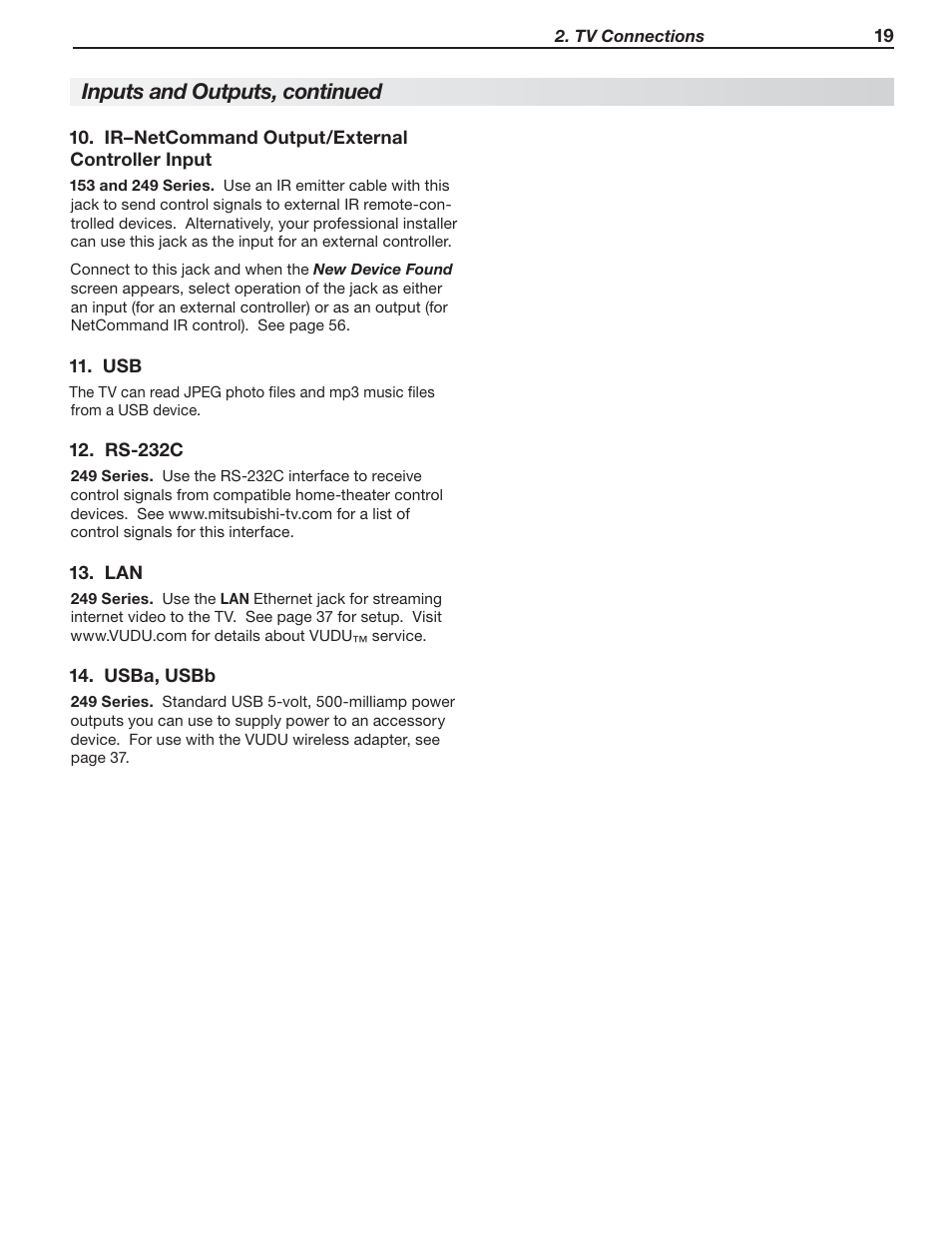 Inputs and outputs, continued | MITSUBISHI ELECTRIC MITSUBISHI ELECTRIC IMMERSIVE SOUND LCD HDTV SeriesLT-40151 User Manual | Page 19 / 96