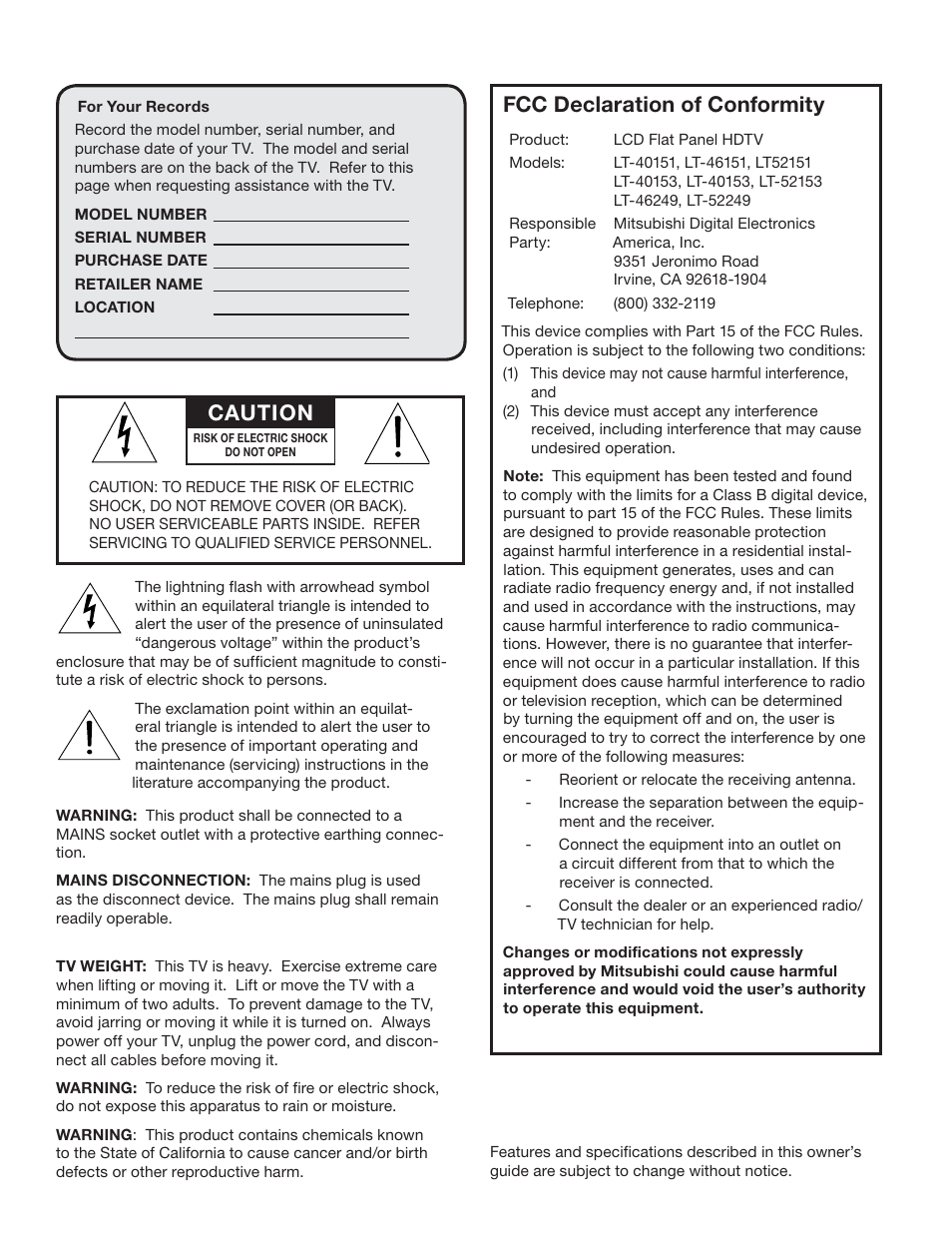 Fcc declaration of conformity, Caution | MITSUBISHI ELECTRIC MITSUBISHI ELECTRIC IMMERSIVE SOUND LCD HDTV SeriesLT-40151 User Manual | Page 2 / 96