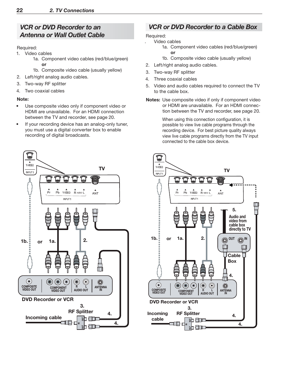 Vcr or dvd recorder to a cable box, Tv connections | MITSUBISHI ELECTRIC MITSUBISHI ELECTRIC IMMERSIVE SOUND LCD HDTV SeriesLT-40151 User Manual | Page 22 / 96