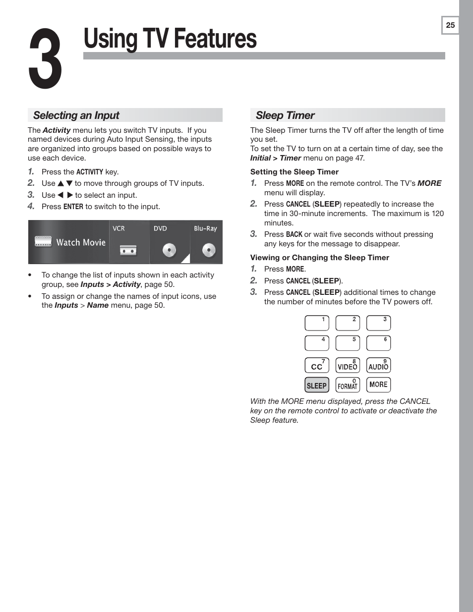 3 using tv features, Selecting an input, Sleep timer | Using tv features | MITSUBISHI ELECTRIC MITSUBISHI ELECTRIC IMMERSIVE SOUND LCD HDTV SeriesLT-40151 User Manual | Page 25 / 96
