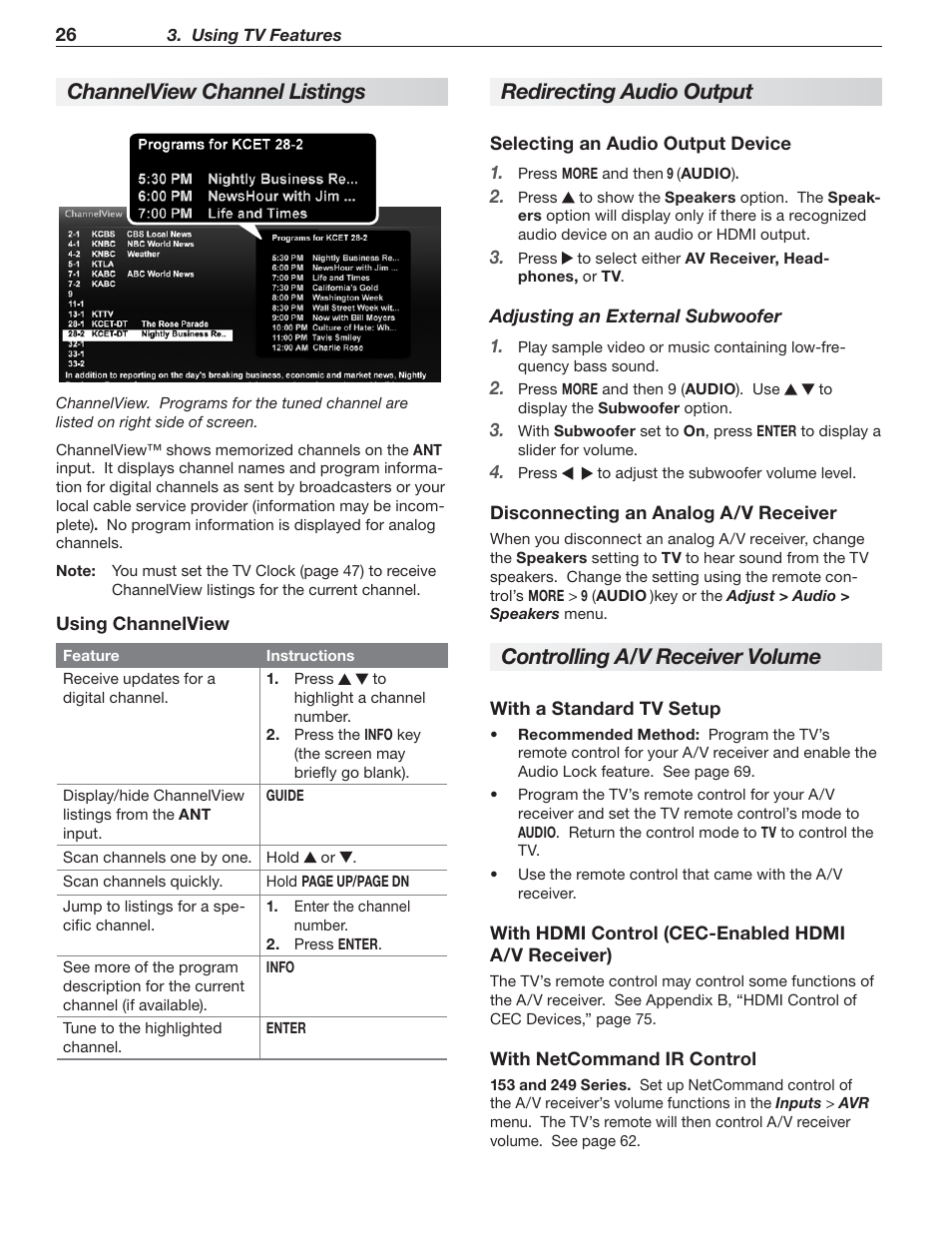 Channelview channel listings, Redirecting audio output, Controlling a/v receiver volume | MITSUBISHI ELECTRIC MITSUBISHI ELECTRIC IMMERSIVE SOUND LCD HDTV SeriesLT-40151 User Manual | Page 26 / 96