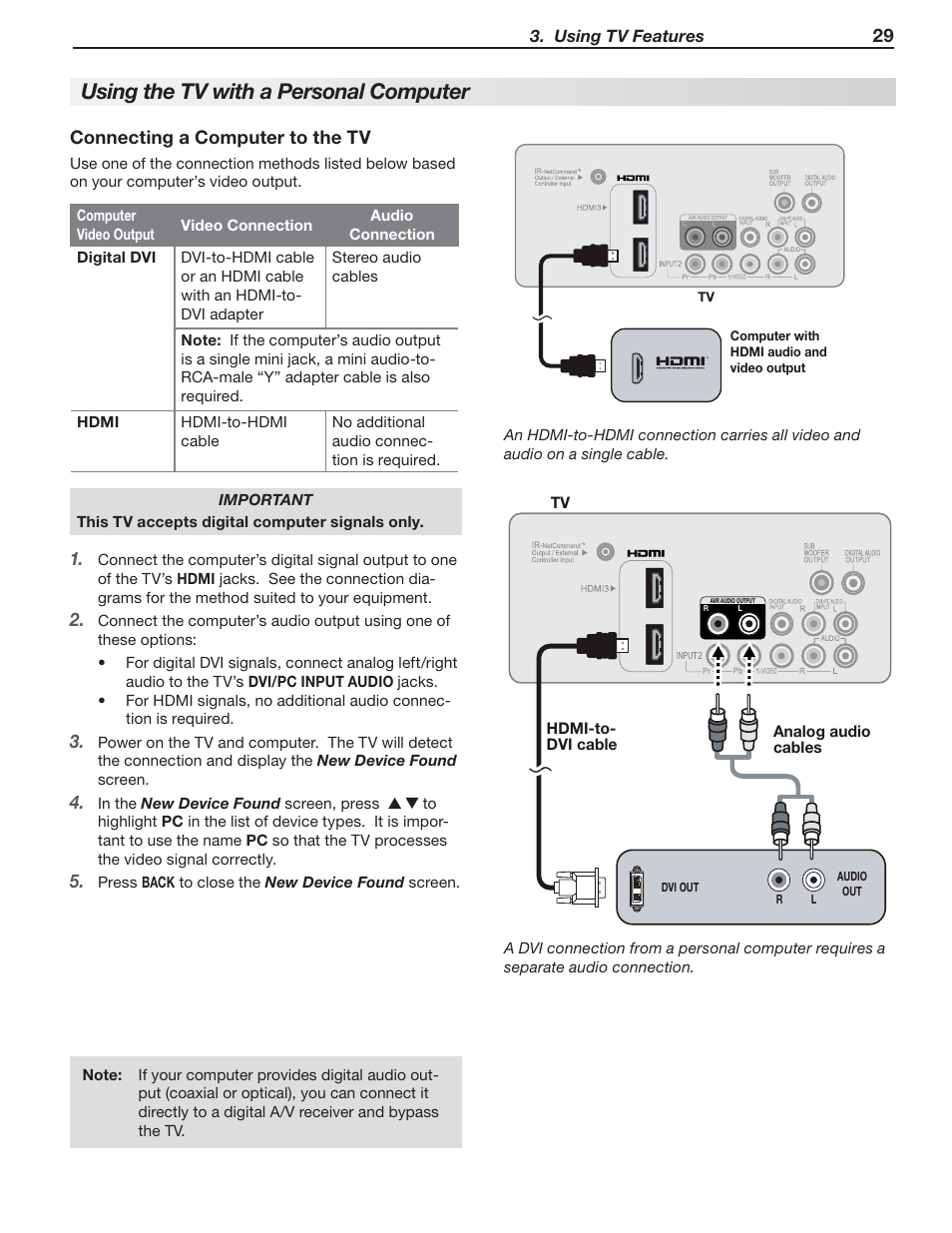 Using the tv with a personal computer, 29 connecting a computer to the tv | MITSUBISHI ELECTRIC MITSUBISHI ELECTRIC IMMERSIVE SOUND LCD HDTV SeriesLT-40151 User Manual | Page 29 / 96