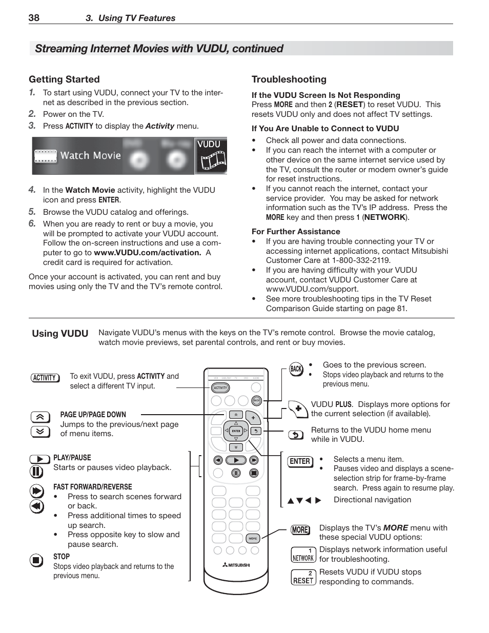 Streaming internet movies with vudu, continued | MITSUBISHI ELECTRIC MITSUBISHI ELECTRIC IMMERSIVE SOUND LCD HDTV SeriesLT-40151 User Manual | Page 38 / 96