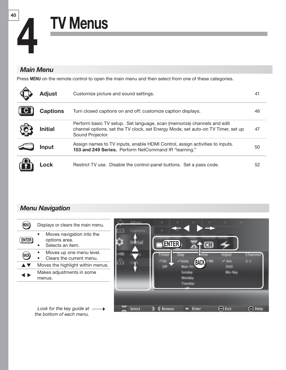 4 tv menus, Main menu, Menu navigation | Tv menus | MITSUBISHI ELECTRIC MITSUBISHI ELECTRIC IMMERSIVE SOUND LCD HDTV SeriesLT-40151 User Manual | Page 40 / 96