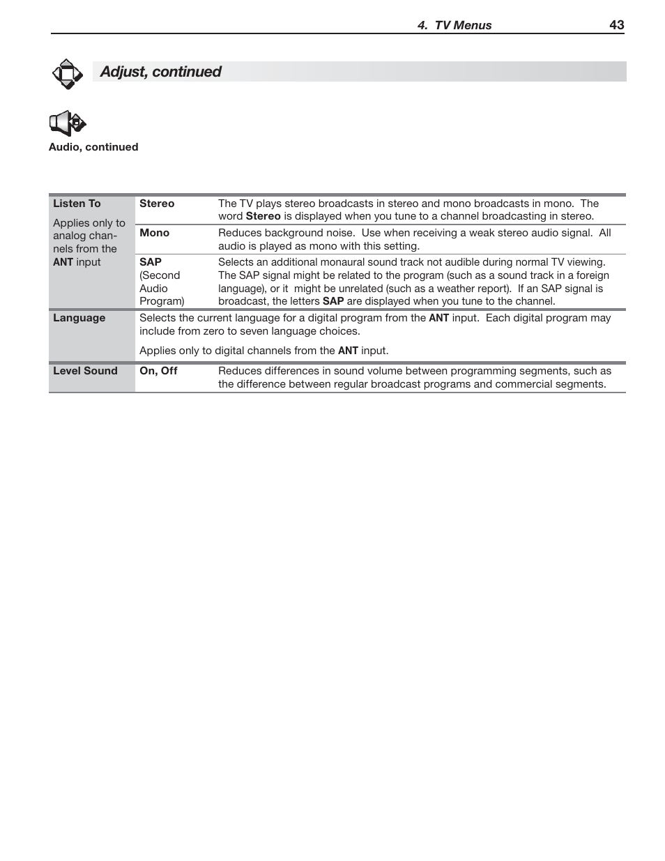 Adjust, continued | MITSUBISHI ELECTRIC MITSUBISHI ELECTRIC IMMERSIVE SOUND LCD HDTV SeriesLT-40151 User Manual | Page 43 / 96