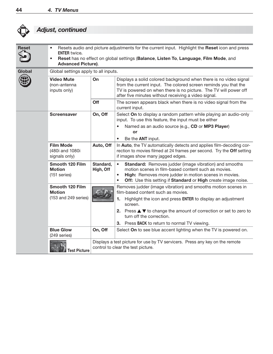 Adjust, continued | MITSUBISHI ELECTRIC MITSUBISHI ELECTRIC IMMERSIVE SOUND LCD HDTV SeriesLT-40151 User Manual | Page 44 / 96