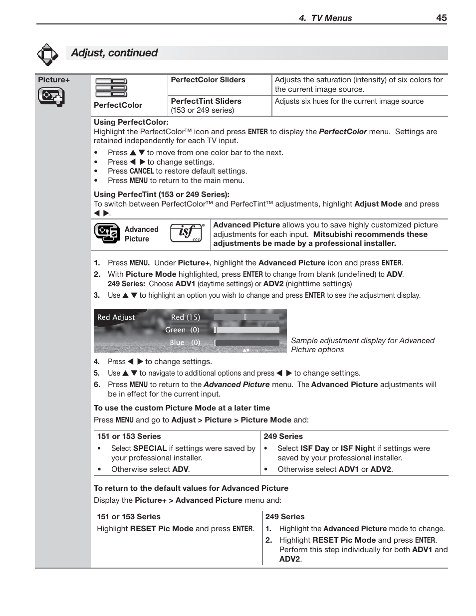 Adjust, continued | MITSUBISHI ELECTRIC MITSUBISHI ELECTRIC IMMERSIVE SOUND LCD HDTV SeriesLT-40151 User Manual | Page 45 / 96