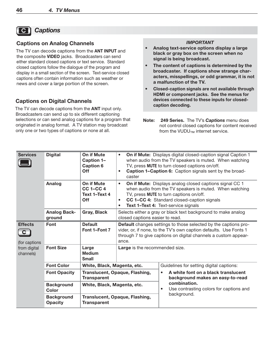 Captions | MITSUBISHI ELECTRIC MITSUBISHI ELECTRIC IMMERSIVE SOUND LCD HDTV SeriesLT-40151 User Manual | Page 46 / 96