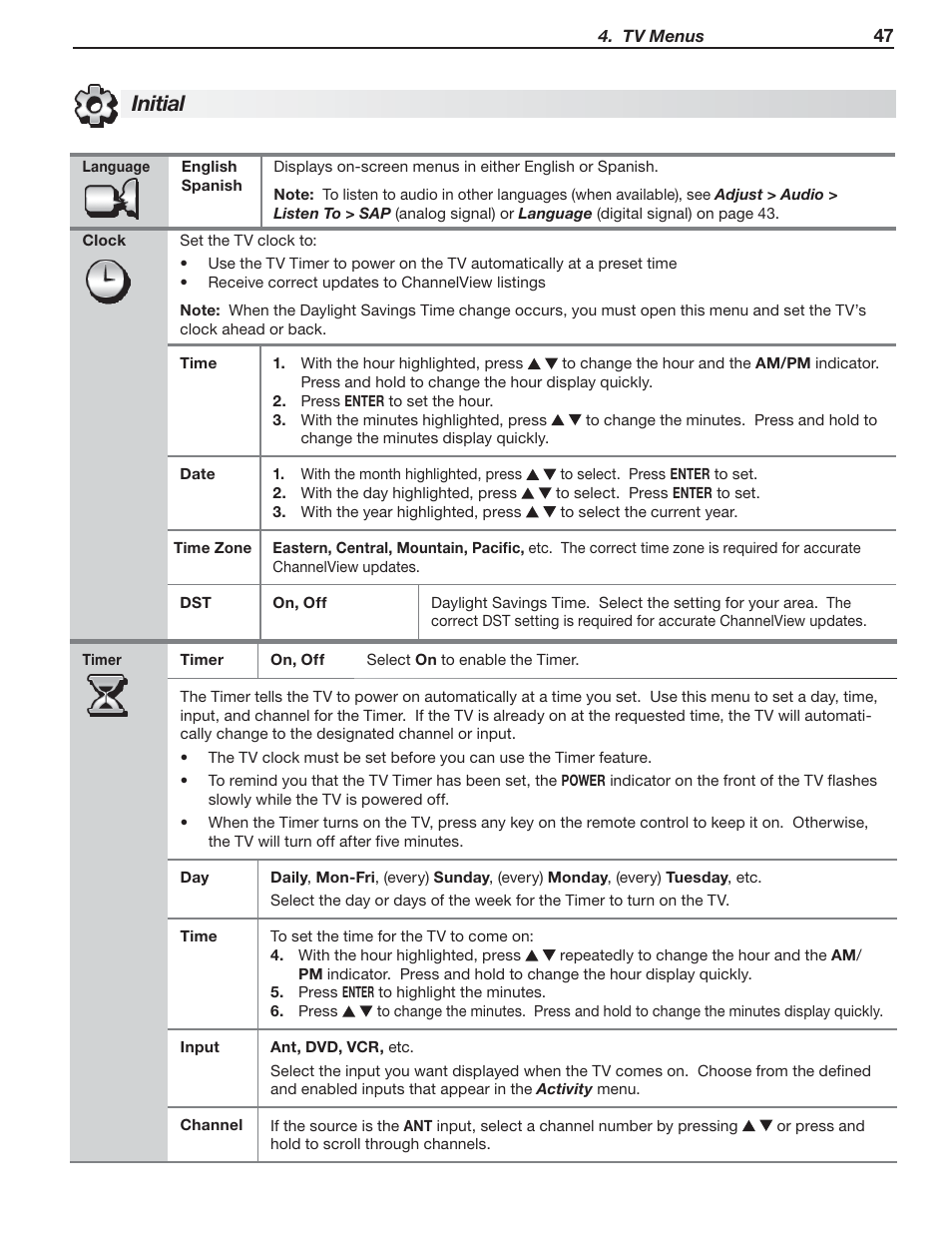 Initial | MITSUBISHI ELECTRIC MITSUBISHI ELECTRIC IMMERSIVE SOUND LCD HDTV SeriesLT-40151 User Manual | Page 47 / 96