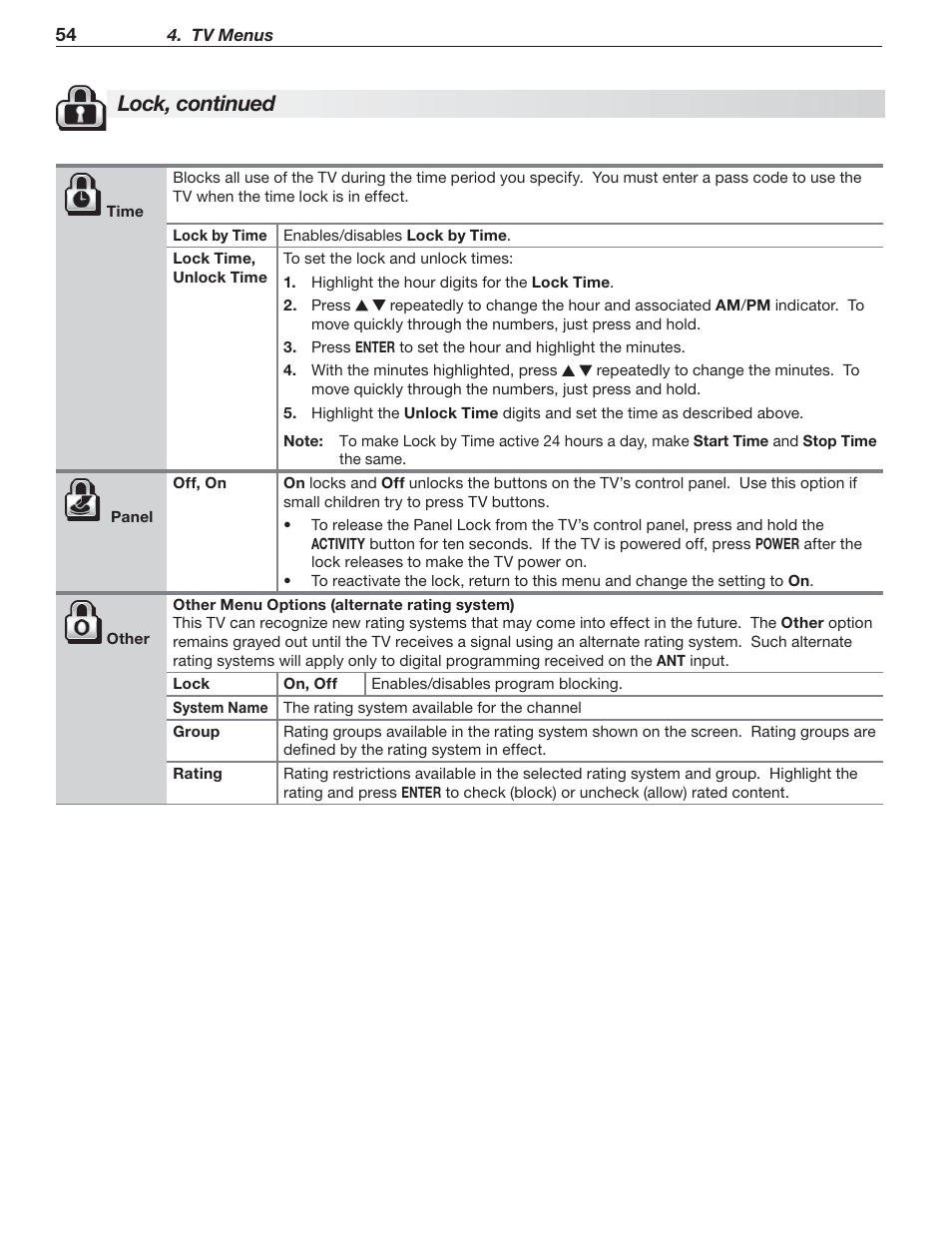 Lock, continued | MITSUBISHI ELECTRIC MITSUBISHI ELECTRIC IMMERSIVE SOUND LCD HDTV SeriesLT-40151 User Manual | Page 54 / 96